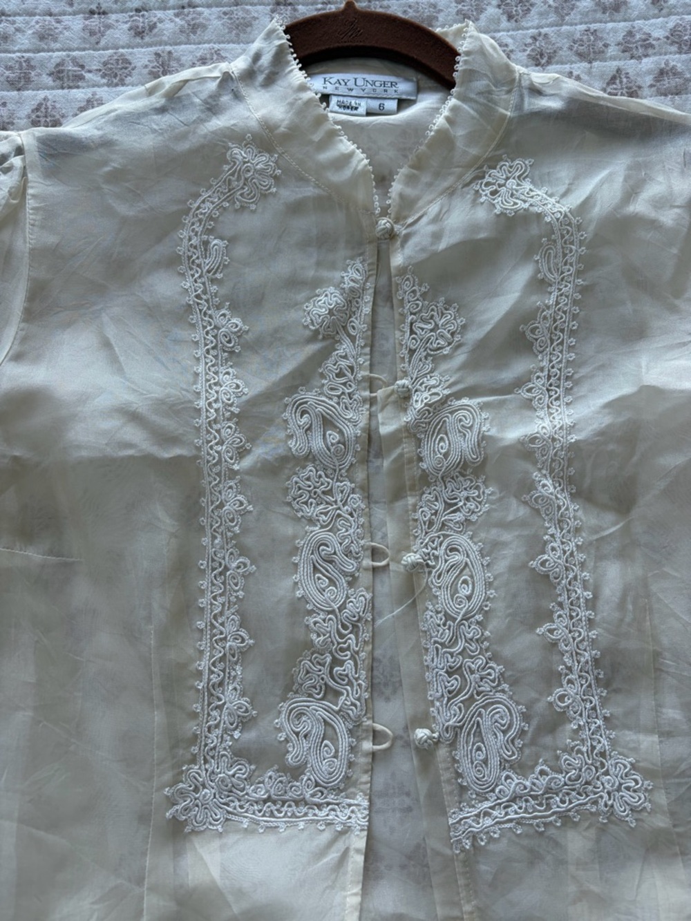 Kay Unger Ivory Sheer Embroidered silk vintage Blouse